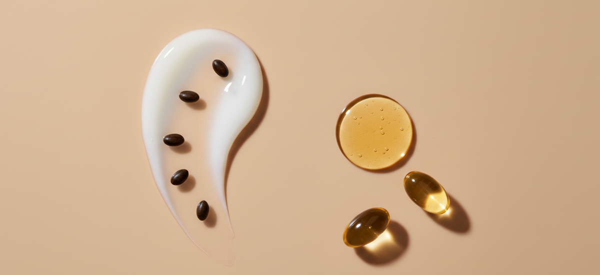 Bakuchiol vs retinol ingredients—babchi sprig and seeds contrasted with retinol capsules and crystals