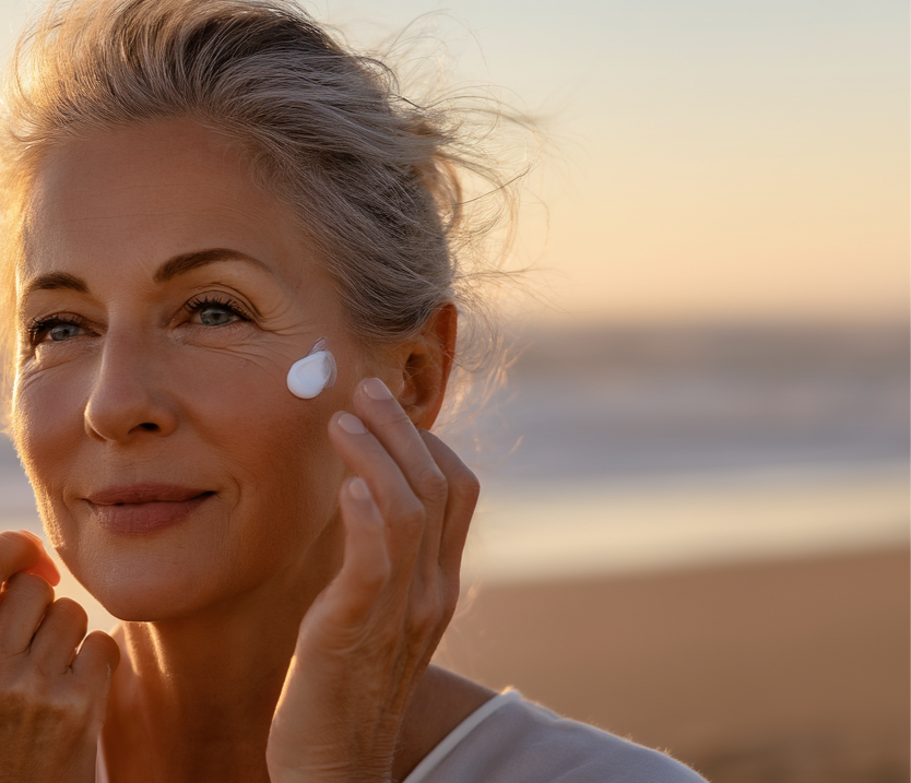 Woman applying cream to her face with a blurred beach background