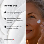 ZAYNA Desert Glow Day Cream applied to the cheek of a mature woman with instructions on how to use the product.