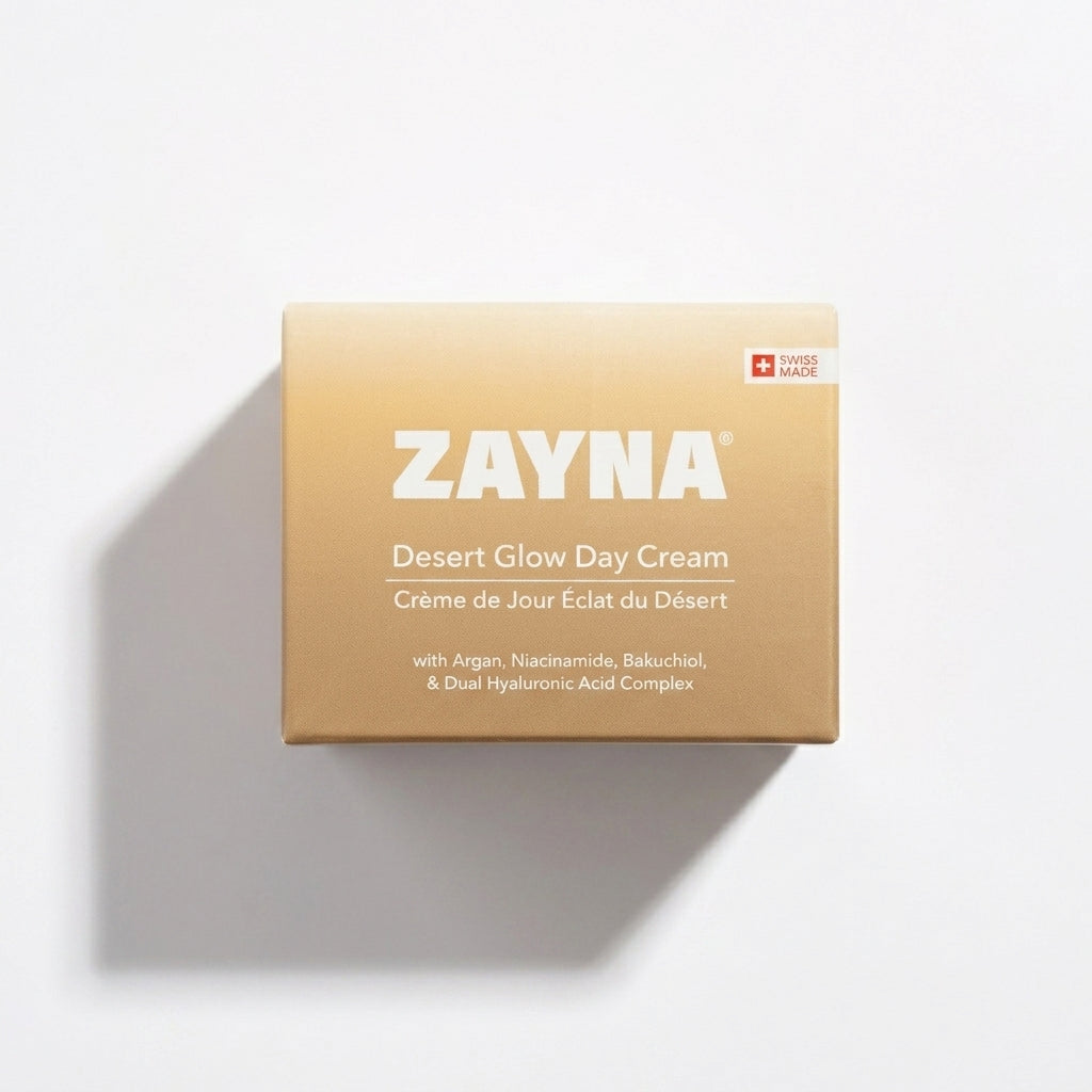 ZAYNA Desert Glow Day Cream box in gold packaging with Swiss Made label and ingredient list on white background