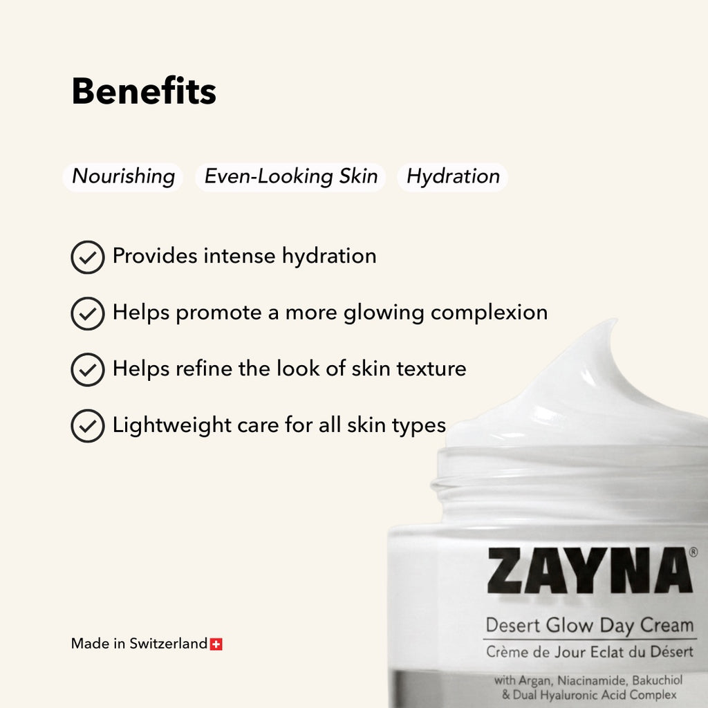 ZAYNA Desert Glow Day Cream jar showing white textured cream, highlighting nourishing and hydrating skin benefits.
