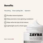 ZAYNA Desert Glow Day Cream jar showing white textured cream, highlighting nourishing and hydrating skin benefits.