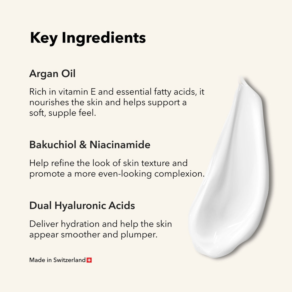 ZAYNA Desert Glow Day Cream white hydrating face cream texture swatch with Argan Oil, Bakuchiol, and Hyaluronic Acid