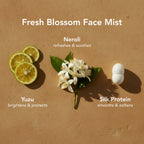 ZAYNA Fresh Blossom Face Mist ingredients featuring sliced yuzu, neroli flowers, and a silk protein cocoon.