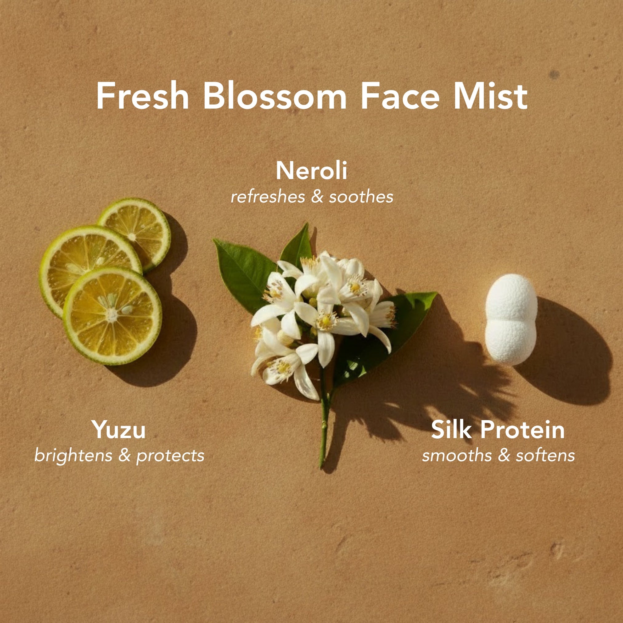 ZAYNA Fresh Blossom Face Mist ingredients featuring sliced yuzu, neroli flowers, and a silk protein cocoon.