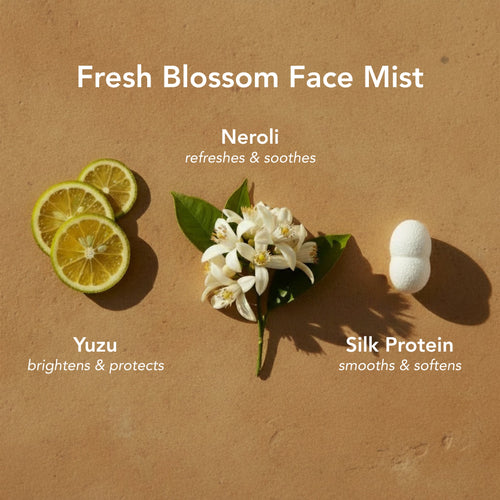 ZAYNA Fresh Blossom Face Mist ingredients featuring sliced yuzu, neroli flowers, and a silk protein cocoon.