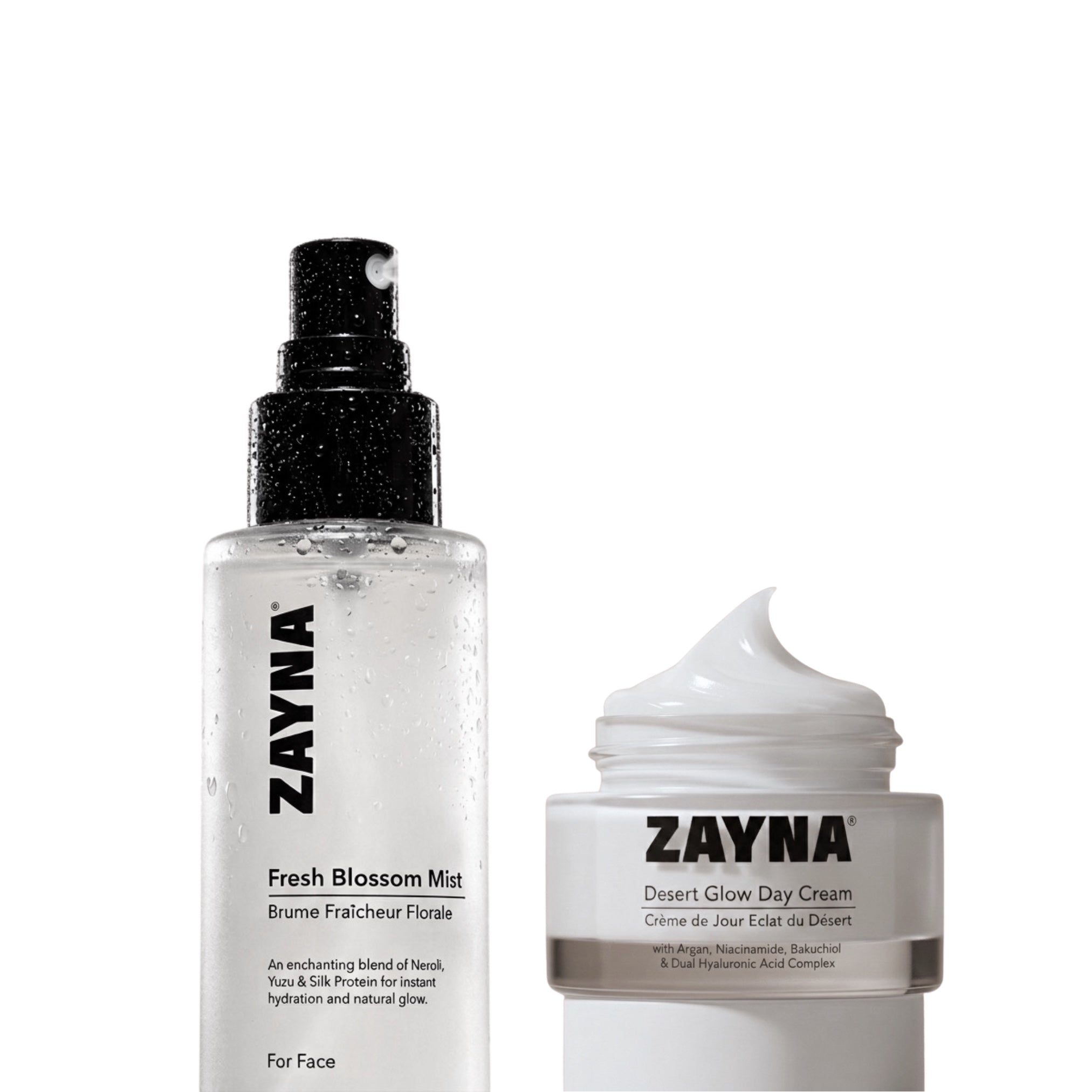 ZAYNA Hydration Duo featuring Fresh Blossom Face Mist and Desert Glow Day Cream for radiant, hydrated skin.