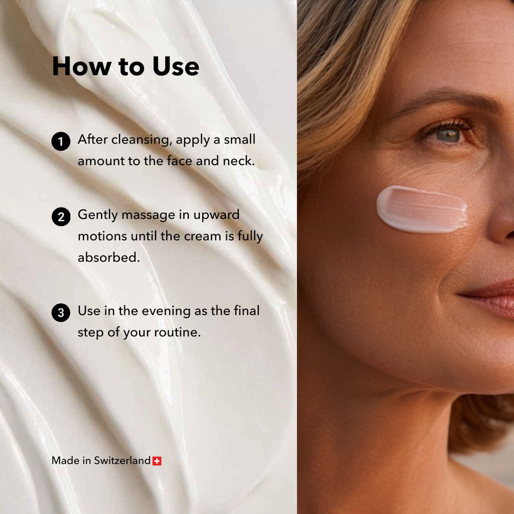 ZAYNA Silky Marine Night Cream applied to a woman's cheek, showing texture and application instructions