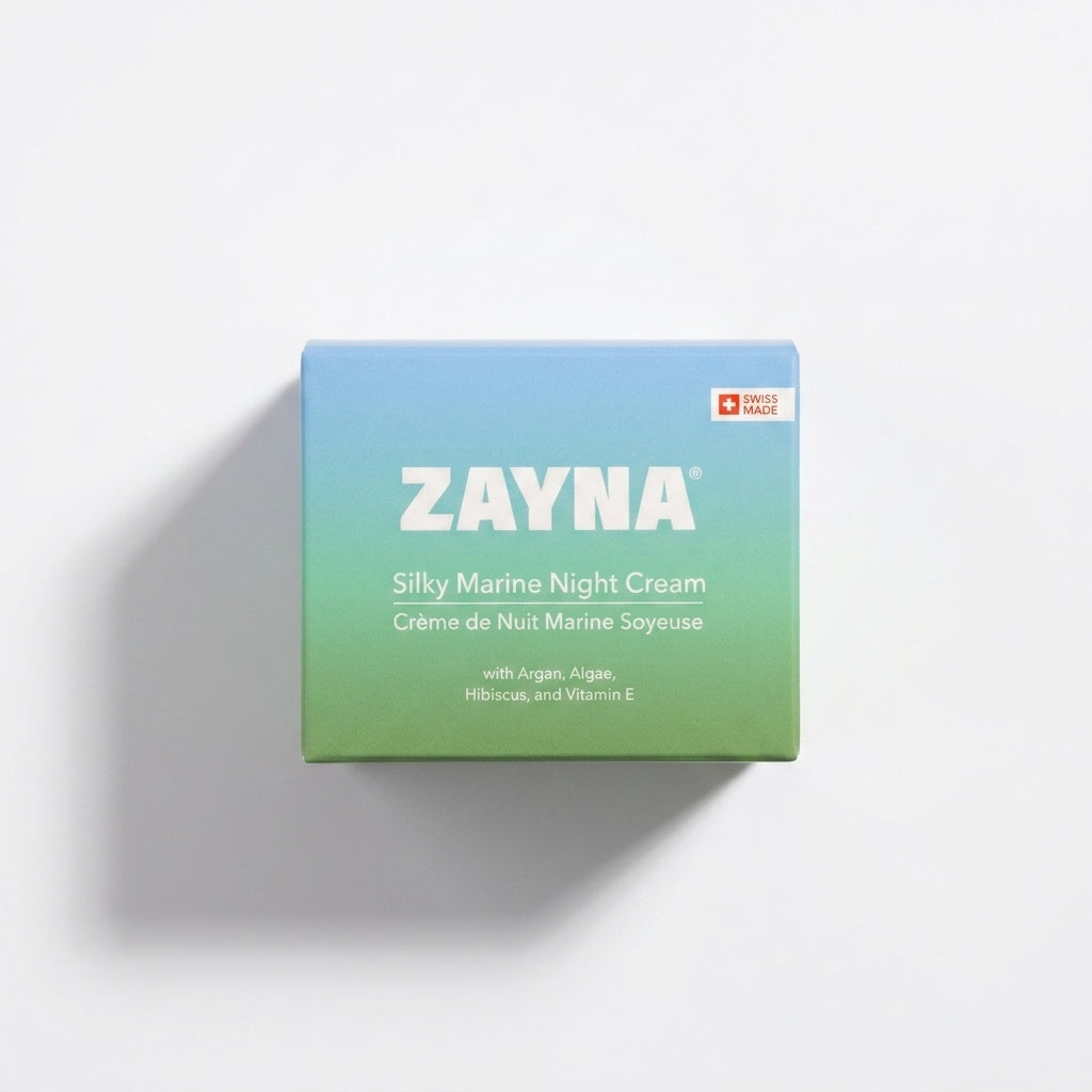 ZAYNA Silky Marine Night Cream box in blue and green gradient packaging featuring Swiss Made label