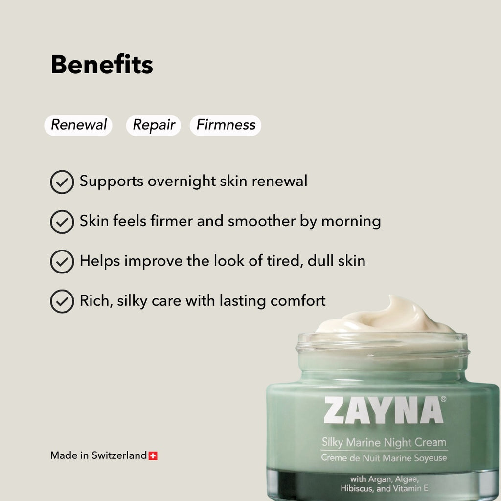 ZAYNA Silky Marine Night Cream jar with restorative benefits for skin renewal, firmness, and hydration.
