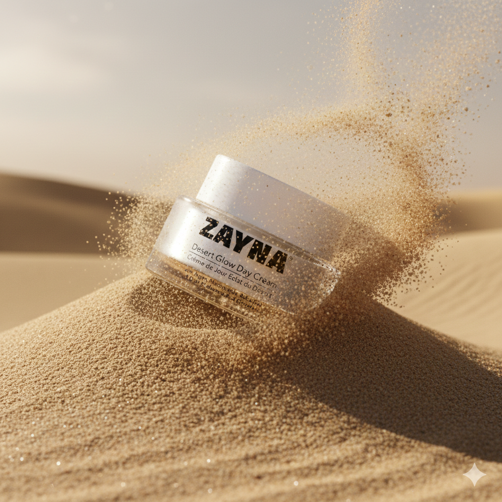 ZAYNA Desert Glow Day Cream jar on sand with sand particles around